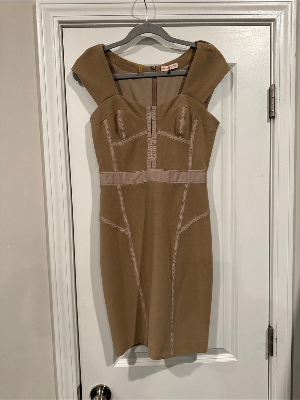 Rebecca Taylor Fitted Taupe Bodycon Dress with Contrast Seams, size 4